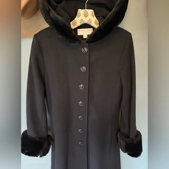 Vintage duster Long Black Wool Fur trim coat Hood cuffs sz 8p - Picture 4 of 14